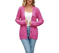BuyiRen Womens Cardigan Sweaters Cable Knit Sweater 2026 Fall Winter Chunky Open Front Button Down Coats with Pockets, Rose, UK 14-16