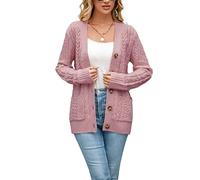 BuyiRen Womens Cardigan Sweaters Cable Knit Sweater 2026 Fall Winter Chunky Open Front Button Down Coats with Pockets, Dusty Pink, UK 18-20