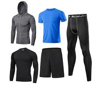 BUYJYA 5Pcs Men's Compression Pants Shirt Top Long Sleeve Jacket Athletic Sets Gym Clothing Mens Workout