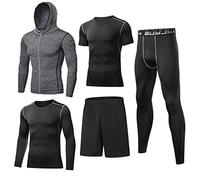 BUYJYA 5Pcs Men's Compression Pants Shirt Top Long Sleeve Jacket Athletic Sets Gym Clothing Mens Workout