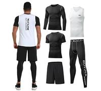 BUYJYA 5Pcs Men's Compression Pants Shirt Top Long Sleeve Jacket Athletic Sets Gym Clothing Mens Workout