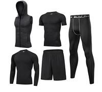 BUYJYA 5Pcs Men's Compression Pants Shirt Top Long Sleeve Jacket Athletic Sets Gym Clothing Mens Workout