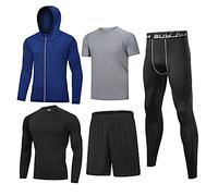 BUYJYA 5Pcs Men's Compression Pants Shirt Top Long Sleeve Jacket Athletic Sets Gym Clothing Mens Workout