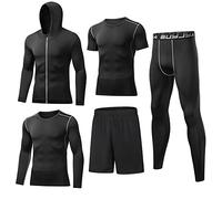 BUYJYA 5Pcs Men's Compression Pants Shirt Top Long Sleeve Jacket Athletic Sets Gym Clothing Mens Workout