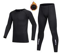 BUYKUD Kids' Boys Fleece Warm Thermal Underwear Long Sleeve Base Layer Compression Athletic Shirt Tights Top & Bottom Set Unisex, Fleece/Black, 8-9 Years