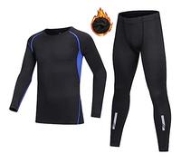 BUYKUD Kids' Boys Fleece Warm Thermal Underwear Long Sleeve Base Layer Compression Athletic Shirt Tights Top & Bottom Set Unisex, Fleece/Blue, Label Size: 24