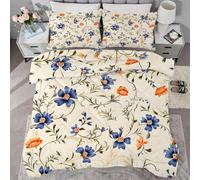buyluhn Floral Beige Coverless Duvet Double 7.5 Tog Winter Wildflowers Supersoft Cosy Lightweight Quilt, Retro Machine Washable Quick Drying, All in One Reversible Comforter QE92