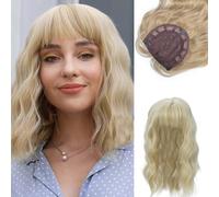 BUYOGET Ash Blonde & Honey Blonde Hair Topper Clip in Hair Pieces for Woman Curly Wavy 14 Inch Clip in Toppers with Fringe for Thinning Hair