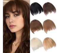 BUYOGET Clip in Fringe 100% Human Hair Pieces Medium Brown Fringe Clip in Hair Choppy Clip on Bangs
