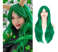 BUYOGET Cosplay Wig with Bangs Deep Green 28 inches Synthetic Long Wavy Hair Anime Style Halloween Wigs for Women Ladies