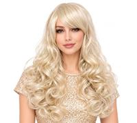 BUYOGET Light Blonde Curly Wigs for Women 70s 80s Dolly Costume | Adjustable Long Bouffant Wig with Fringe, Fancy Dress Hair for Country Singer Cosplay, Halloween and Retro Themed Party