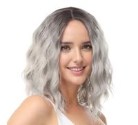 BUYOGET Medium Short Wig Wavy Bob Wig Realistic Natural Lace Front Scalp Adjustable Synthetic Shoulder Length Curly Wigs for Women Ombre Silver