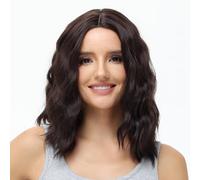 BUYOGET Medium Short Wig Wavy Bob Wig Realistic Natural Lace Front Scalp Adjustable Synthetic Shoulder Length Curly Wigs for Women Natural Brown