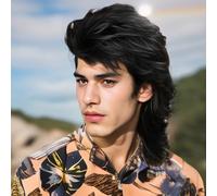 BUYOGET Mens Wig Black Mullet Wig 70s 80s Style Sythetic 21 Inches Fancy Dress Rock Party Wigs for Cosplay Role-playing