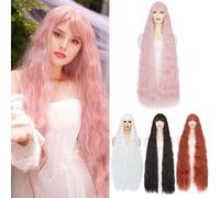 BUYOGET Rapunzel Wigs Light Pink Long Wavy Curly Wig with Fringe for Women