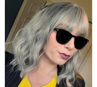 BUYOGET Wavy Bob Wig with Bangs Ombre Sliver Synthetic Hair Shoulder Length 12 Inch Short Curly Wigs for Women