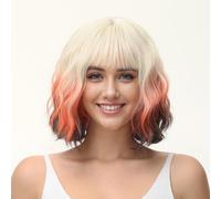 BUYOGET Wavy Bob Wig with Bangs Synthetic Hair Shoulder Length 12 Inch Short Curly Wigs for Women Fox