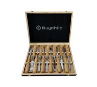 Buyohlic 12-Pieces Woodworking Wood Chisel Carving Tool Set with Wooden Box Razor Sharp CR-V 60 Steel Blades