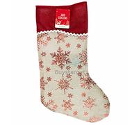 Buystarget 2x Large Christmas Hessian Jute Stocking Printed Foil Santa Sack Stockings Xmas Pattern Burlap Linen Sock Hanging Bags Gift Filler Home Decorations-Snowflake, Jute, 25 x 45 cm