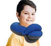 BUYUE Kids Travel Pillows for Airplane, 360° Head Support Sleeping Essentials for Boys Long Flight, Skin-Friendly Soft Neck Pillow for Traveling in Car Seat, (Small, Blue Grey, 40-100 lbs)