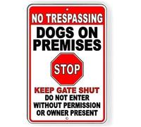 buywell Vintage Tin Metal Poster Sign No Trespassing Dogs On Premises Stop Keep Gate Shut Retro Wall Art Decor Iron Painting for Home Kitchen Cafe Pub Sign Plaque 5.5x8 Inch