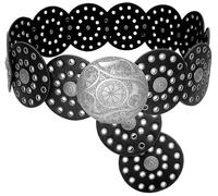 Buywis Wide Disc Belt for Women Boho Disk Concho Leather Belts Western Waist Belts for Dress 130CM Black Silvery