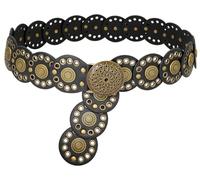 Buywis Wide Disc Belt for Women Disk Concho Belts Western Leather Belt Boho Waist Belt for Dress Black Band Retro Gold Buckle Length 46" Fit Waist Size Below 44"