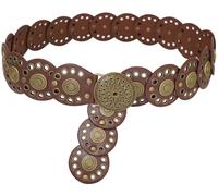 Buywis Wide Disc Belt for Women Disk Concho Belts Western Leather Belt Boho Waist Belt for Dress Brown Band Retro Gold Buckle Length 51" Fit Waist Size Below 49"