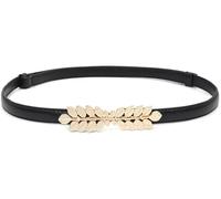 Buywis Women Skinny Belts Thin PU Leather Waist Belt with Gold Buckle for Dresses Leaf 100cm Black Fit Waist 24"-37"