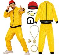 Buyzzus 80s 90s Rapper Celebrity Hip Hop Costume Set 8 PCS with Yellow Shell Suit Hat Sunglasses Fake Beard 90s Fancy Dress Costume for Carnival Party Disco Stag Do (M)