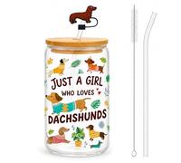 Buyzzus Sausage Dog Drinking Glasses 16oz Sausage Dog Glass Cup with Lid and Straw, Cute Dachshund Glass Cup for Iced Coffee Drinks, Dog Lovers Gifts for Women