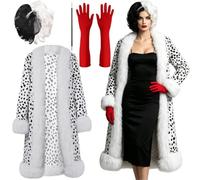 Buyzzus Spotted Dog Devil Costume Women Halloween Dalmatian Costume with Dalmatian Coat Red Gloves Wig, Spotted Dog Fancy Dress Costume for Halloween Cosplay Party