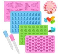 BUZIFU 4 Pack Candy Silicone Molds, Gummy Bear Moulds Silicone Mould Gumdrop Jelly Molds Mini Gummy Bear Mold Ice Cube Trays Chocolate Moulds with 2 Droppers for Sweets Fondant Cake Decor