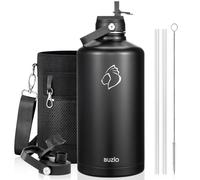 BUZIO 1 Gallon Water Jug with Straw Handle Lid, 128oz Water Bottle Stainless Steel Double Wall Hydro Jug 18/8 Food Grade Thermo Mug Keep Cold 48H & Hot 24H, Black