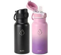 BUZIO 2 Pack Insulated Water Bottle 500ml - Stainless Steel Water Bottle with Straw for - BPA Free - 100% Leak Poof - Lockable POPUP Lid - Water Bottle 500ml - Black&Purple