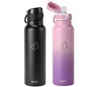 BUZIO 2 Pack Insulated Water Bottle with Straw 1L - Stainless Steel Water Bottle with Straw 1L and POPUP Lid - BPA Free - Cold for 48 Hrs - 100% Leak Poof - 1L Water Bottle - Black&Purple
