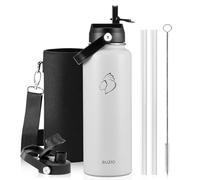BUZIO 40 oz Water Bottle Insulated, Triple Wall Vacuum Stainless Steel Flask (Cold for 48 Hrs), Leakproof BPA-Free Wide Mouth Metal Jug Hydro Canteen with 2 Lids, White