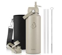 BUZIO 40 oz Water Bottle Insulated, Triple Wall Vacuum Stainless Steel Flask (Cold for 48 Hrs), Leakproof BPA-Free Wide Mouth Metal Jug Hydro Canteen with 2 Lids, Greige