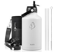 BUZIO 64oz Insulated Water Bottle, Half gallon Stainless Steel Jug (Cold for 48 Hrs), Triple Wall Vacuum Large Metal Flask with Leakproof Straw Lid and Carry Sleeve, White