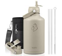 BUZIO 64oz Insulated Water Bottle, Half gallon Stainless Steel Jug (Cold for 48 Hrs), Triple Wall Vacuum Large Metal Flask with Leakproof Straw Lid and Carry Sleeve, Greige