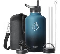BUZIO Insulated Water Bottle 2L with 3 Lids, Keep Cold 48 Hrs | Stainless Steel Half Gallon Canteen Metal Thermo Mug Hydro Jug, Double Vacuum Hot Cold Water Bottles Carrying Pouch