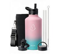 BUZIO Insulated Water Bottle 2L with 3 Lids, Keep Cold 48 Hrs | Stainless Steel Half Gallon Canteen Metal Thermo Mug Hydro Jug, Double Vacuum Hot Cold Water Bottles Carrying Pouch