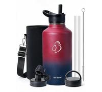 BUZIO Insulated Water Bottle 2L with 3 Lids, Keep Cold 48 Hrs | Stainless Steel Half Gallon Canteen Metal Thermo Mug Hydro Jug, Double Vacuum Hot Cold Water Bottles Carrying Pouch