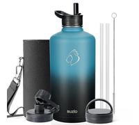BUZIO Insulated Water Bottle 3.7L with 3 Lids, Keep Cold 48 Hrs | Stainless Steel Half Gallon Canteen Metal Thermo Mug Hydro Jug, Double Vacuum Hot Cold Water Bottles Carrying Pouch