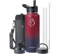 BUZIO Insulated Water Bottle, Stainless Steel Insulated Water 1180ml Flask with Straw Lid Canteen Metal Thermo Mug Hydro Cup Jug Double Vacuum Hot Cold Water Bottles with Carrying Pouch, Ruby Red Navy