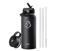 BUZIO Insulated Water Bottle with Straw, 1L Stainless Steel Water Bottle with Straw Lid and Flex Cap Cold for 48 Hrs, Hot for 24 Hrs Double Wall Wide Mouth BPA Free Leak Proof, Black