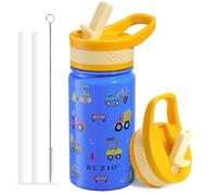 BUZIO Toddler Water Bottle Insulated, Stainless Steel Water Bottle Kids Vacuum Insulated with 2 Straw Lids, 400ml Double Walled Wide Mouth Drink Flask, Blue Construction Car
