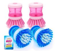 Buzz 4pk Washing Up Brush with Liquid Dispenser, Soap Dispensing Palm Scrub for Dishes and Pans, Compact Dishwashing Tool with Durable Bristles for Kitchen Sink Cleaning and Daily Scrubbing