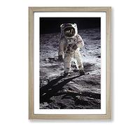 Buzz Aldrin Moon Landing Space Framed Print | A2 Oak Framed Wall Art | Ready to Hang | Modern Space Picture | Living Room Bedroom Lounge Office