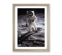 Buzz Aldrin Moon Landing Space Modern Framed Print | A4 Oak Framed Wall Art | Ready to Hang | Modern Space Picture | Living Room Bedroom Lounge Office